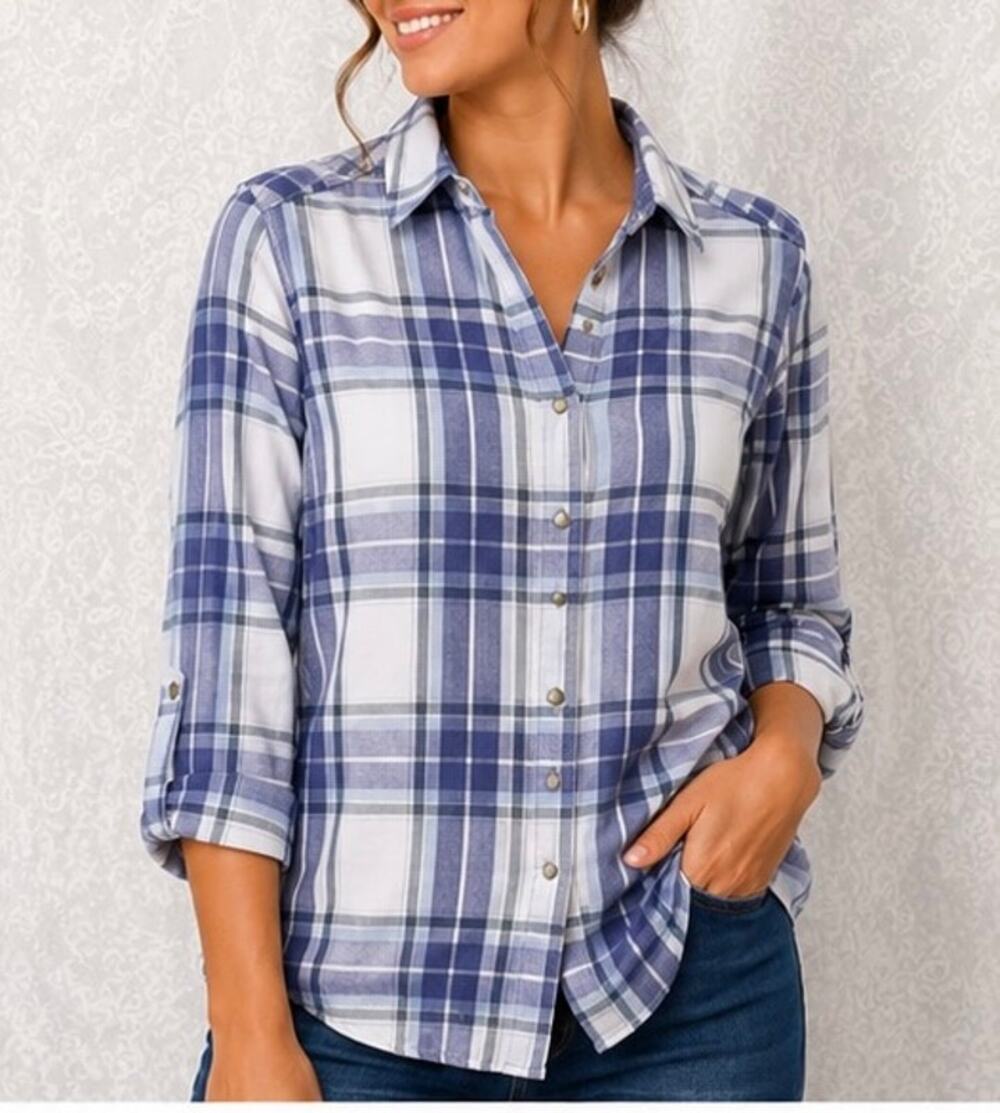 Jachs NY Girlfriend Women’s Small Blue White Plaid Button Front Shirt